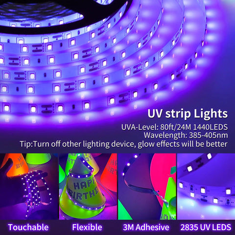 Black Light Strip Kit With 79 Feet Of Flexible LED Lights Powered By 12V 1440 LEDs glowing purple, touchable and flexible design