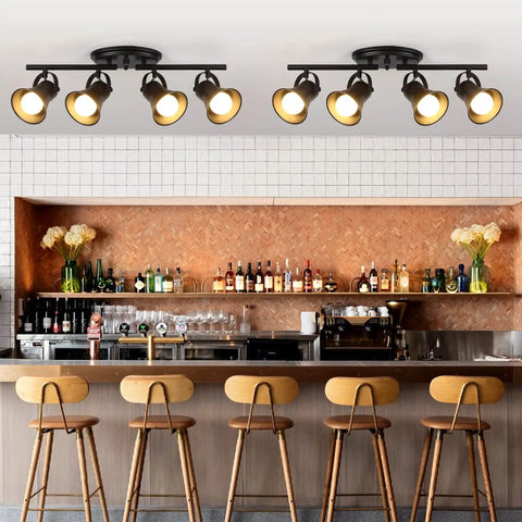 4 Light Track Lighting Kit In Industrial Black Finish With Adjustable Heads installed in a kitchen bar area