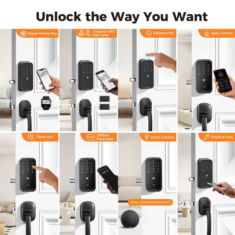 Multiple unlocking methods for Home Key Smart Lock For Front Door, HomeKit Compatible Fingerprint Keypad Deadbolt With Built In WiFi.