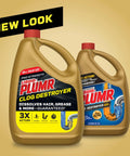 Two 80 oz Liquid-Plumr Pro-Strength Clog Destroyer bottles, gold containers with red caps, front view.
