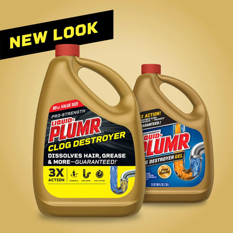 Two 80 oz Liquid-Plumr Pro-Strength Clog Destroyer bottles, gold containers with red caps, front view.