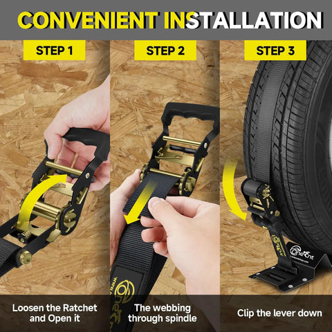 Installation steps for 4 Pack E-Track Ratchet Straps With Wheel Chock Kit 2 X 10 Ft Heavy Duty Tie Down For Trucks Trailers Vans