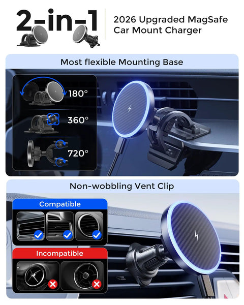 2-In-1 MagSafe Wireless Car Charger Mount With 15W Fast Charge Magnetic Phone Holder for air vent, 360 degree rotation
