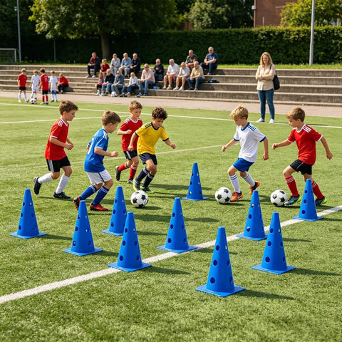 Children playing soccer on a field with blue training cones and footballs, spectators in background watching the game.