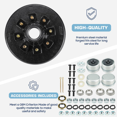 Front view of black 8-bolt brake drum hub for trailer electric brake kit with 6.5-inch bolt circle and included hardware