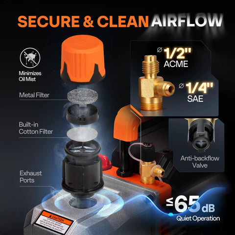 VIVOHOME VG Series vacuum pump and gauge kit, orange housing with brass fittings and built-in metal and cotton filters