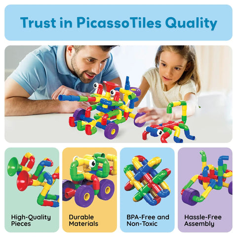 Father and daughter building with 136-Piece Tubular Pipes And Spout STEAM Interlocking Building Block Set on table.