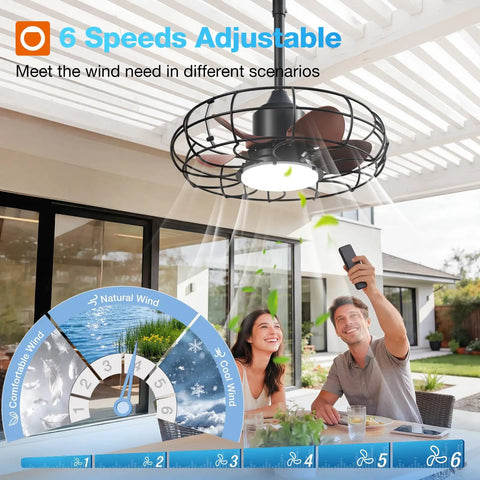 Couple enjoying 20 Inch Outdoor Ceiling Fan With Light For Patio IP65 Waterproof Plug In Caged Hanging Fan With Remote 3 CCT 6 Speeds