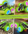 2.4GHz Off Road RC Car With Dual Sided 360 Degree Roll on grass, rocks, pavement, showcasing LED Headlights, Green Color
