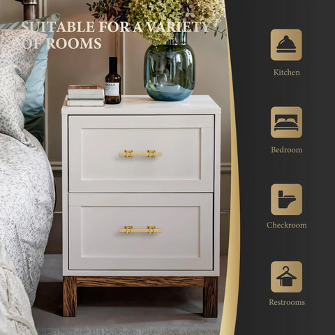 Badass Gold Cabinet Handles With Brushed Brass Finish 4 Inch Center To Center Kitchen Drawer Pulls on a stylish nightstand.