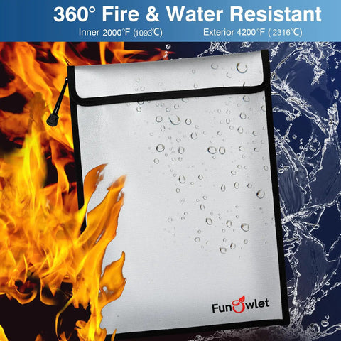 Fireproof Waterproof Money And Document Bag 3 Pack Safe Pouch with flames and water to show heat and water guard.
