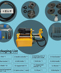Front view of HayWHNKN portable precision boring machine (yellow) with long bar, hoses and control box.