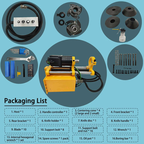 Front view of HayWHNKN portable precision boring machine (yellow) with long bar, hoses and control box.