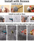Installation process of Sturdy Magnetic Door Stopper With Gold Finish, showing screws and adhesive tape use on wall and floor.