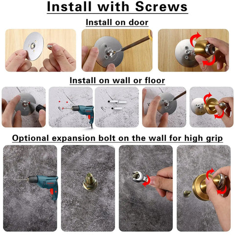 Installation process of Sturdy Magnetic Door Stopper With Gold Finish, showing screws and adhesive tape use on wall and floor.