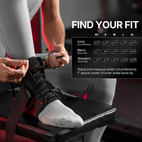 Person wearing Ultralight Ankle Brace For Sprained Ankles Figure 8 Lace Up Support next to size chart on bench.