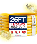 Beefy 25 Foot Heavy Duty Outdoor Indoor Extension Cord 12 Gauge With 3 Conductors 3 Prong SJTW Waterproof Power Cable Yellow