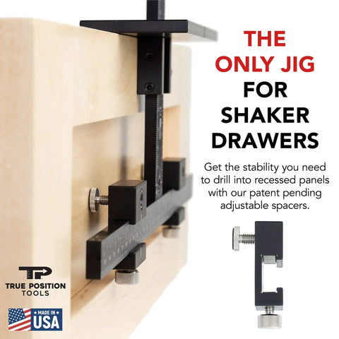 Cabinet Hardware Jig With Patent Pending True Calibration And Laser Engraved Rulers for Shaker Cabinets, USA Made, close-up use.