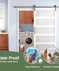 Sliding Barn Door With Frosted Glass White Finish, 30 Inch By 84 Inch, Five Lite Design in kitchen. Waterproof PVC surface visible.