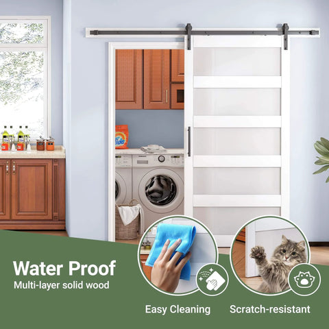 Sliding Barn Door With Frosted Glass White Finish, 30 Inch By 84 Inch, Five Lite Design in kitchen. Waterproof PVC surface visible.