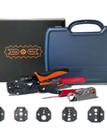 Pro Grade All In One RF Coax Tool Kit with crimper, cutter, stripper, five interchangeable die sets, and carrying case displayed.