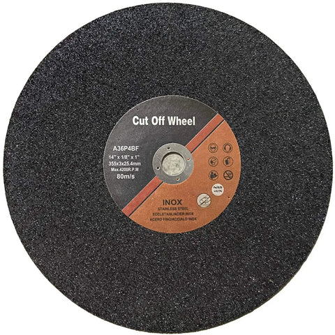 Front view of Beefy Fourteen Inch Cut Off Wheel Set Ten Pack For Metal Cutting On Stationary Chop Saws With One Eighth Inch Thick And One Inch Arbor Aluminum Oxide Grain For Steel Iron Brass Bronze Carbon Steel Blades showing label.