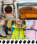 30 Piece Shoelace End Tips Cord Lock Clips Set With Zipper Pull Tabs For Paracord Backpacks And Running Shoes No Fuss No Tie Quick Clips For Triathlon Marathon Gear Durable Plastic End Caps And Replacement Tips For All Your Lacing Needs, black plastic cord end tips shown with backpack, tent, shoes, jacket, and pencil case