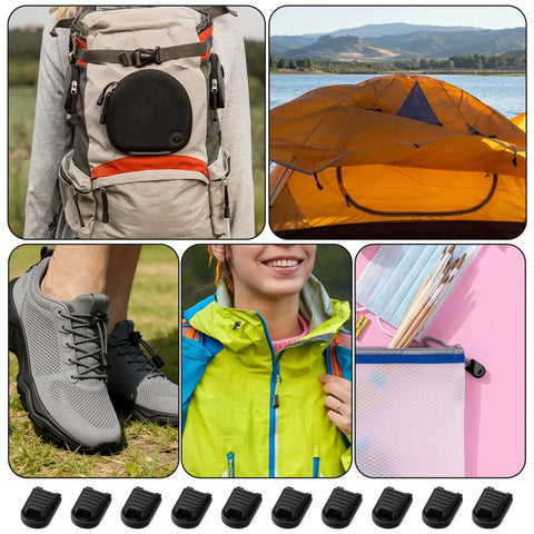 30 Piece Shoelace End Tips Cord Lock Clips Set With Zipper Pull Tabs For Paracord Backpacks And Running Shoes No Fuss No Tie Quick Clips For Triathlon Marathon Gear Durable Plastic End Caps And Replacement Tips For All Your Lacing Needs, black plastic cord end tips shown with backpack, tent, shoes, jacket, and pencil case
