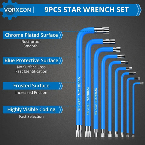 Nine Piece Pro Grade Torx Star Wrench Key Set T10 To T50 with visible coding, blue non-slip coating, chrome-plated.