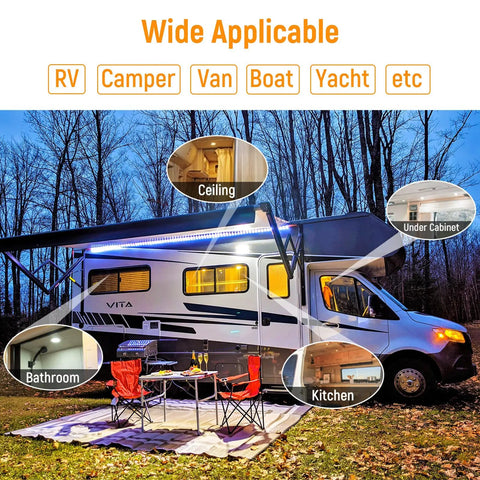 Top Shelf Eight Pack Of 12 Volt LED Puck Lights For Recessed Camper Van Install Smooth Dimming Warm White Downlights With Crisp CRI 93 Output displayed on RV external settings.