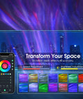 Galaxy Light And Aurora Projector 4 In 1 with Alexa Compatibility projecting aurora lights over cityscape with app controls displayed