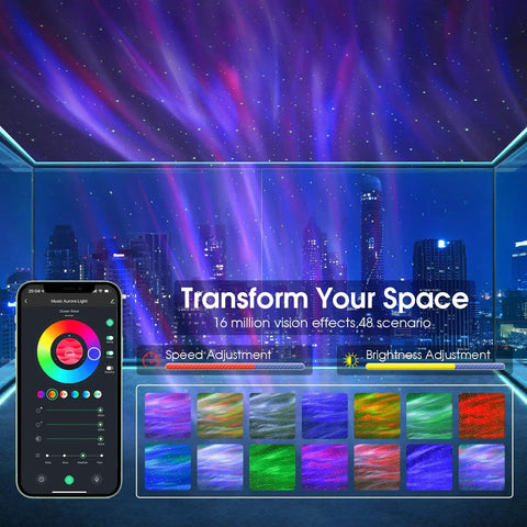 Galaxy Light And Aurora Projector 4 In 1 with Alexa Compatibility projecting aurora lights over cityscape with app controls displayed
