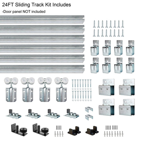 24Ft Exterior Box Track Barn Door Hardware Kit Heavy Duty Wall Mount For Outdoor Use Supports Up To 330 Lbs Hang 2 Doors Fits 72 Inches Wide Dual Door System With Galvanized Steel Rail displayed with components