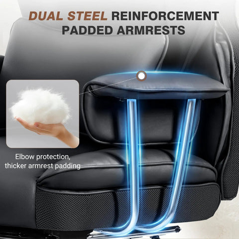Big And Tall Leather Office Chair With Footrest For All Day Comfy Support, armrest detail with dual steel reinforcement