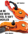 Heavy Duty Snatch Block Pulley 25T Capacity For Synthetic Rope Or Steel Cable Winch Accessory Double Pulling Power Off Road Recovery Direction Control Ideal For 4x4 ATV UTV To Get Unstuck In Rough Terrain Orange with steel and soft shackles visible