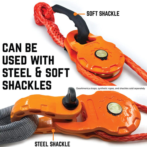Heavy Duty Snatch Block Pulley 25T Capacity For Synthetic Rope Or Steel Cable Winch Accessory Double Pulling Power Off Road Recovery Direction Control Ideal For 4x4 ATV UTV To Get Unstuck In Rough Terrain Orange with steel and soft shackles visible