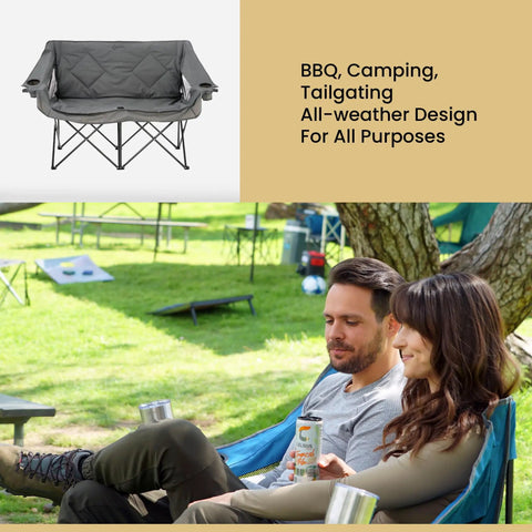 Portable Folding Double Duo Camping Chair Loveseat For Two setup outdoors with wine glass holders, ideal for tailgating or BBQs.