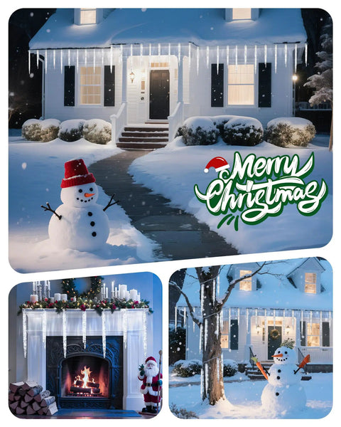 Outdoor Icicle Lights With Clips 20 Ft 100 LED Twinkling White Christmas String Lights 20 Tubes lit on a snowy house