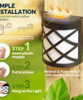 Eight Pack Solar Fence Lights Cold White Outdoor Waterproof Wall Lights For Garden Yard Patio Front Door Garage Solar Powered No Wiring Required Crazy Easy Install Energy Efficient Pathway Lighting with installation steps shown.