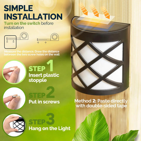 Eight Pack Solar Fence Lights Cold White Outdoor Waterproof Wall Lights For Garden Yard Patio Front Door Garage Solar Powered No Wiring Required Crazy Easy Install Energy Efficient Pathway Lighting with installation steps shown.