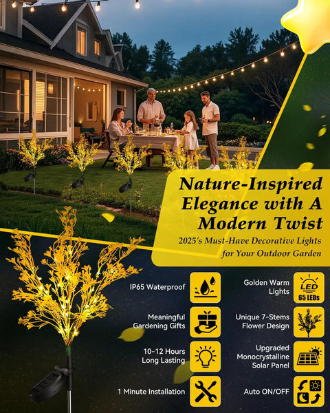 2-Pack Golden Solar Flower Lights Outdoor Waterproof With 7 Stems illuminating a yard for romantic garden decor at night