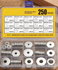 Premium 304 Stainless Steel Fender Washers Kit, 250 Piece Flat Washers Assortment In 15 Metric Sizes M3 To M12, Heavy Duty Metal Washers For Screws And Bolts, Automotive Industrial And Home Use, Rust Resistant, in divided storage box