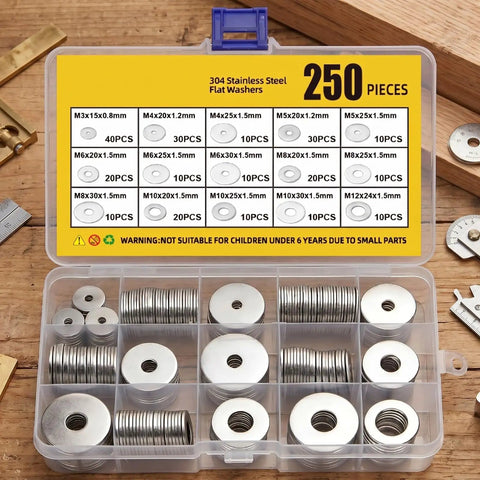 Premium 304 Stainless Steel Fender Washers Kit, 250 Piece Flat Washers Assortment In 15 Metric Sizes M3 To M12, Heavy Duty Metal Washers For Screws And Bolts, Automotive Industrial And Home Use, Rust Resistant, in divided storage box