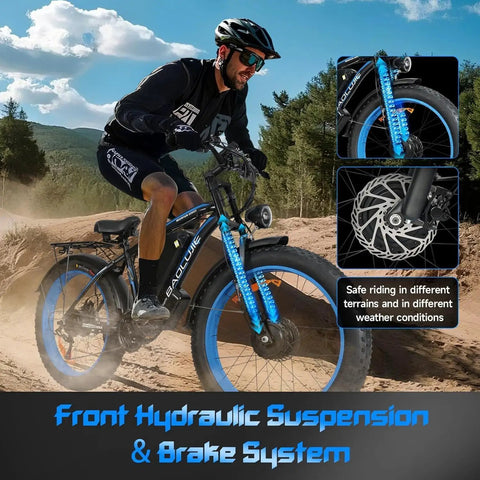 Rider on all wheel drive electric mountain bike for adults with dual 1500W motors, front fork suspension, blue 26x4 inch fat tires