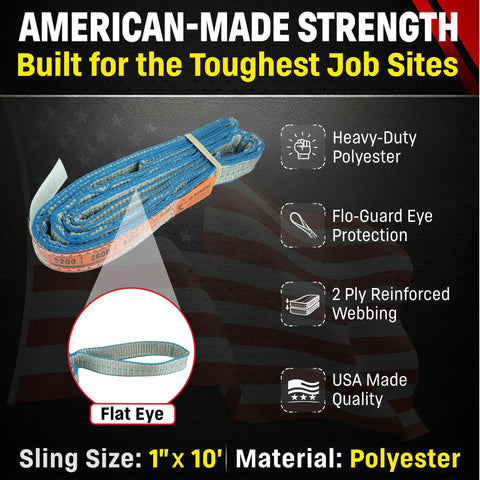 One Inch By Ten Foot Polyester 2 Ply Lifting Eye To Eye Rigging Sling Built Tough For Industrial Lifts 3200 Pound Vertical Load Rating Made In USA