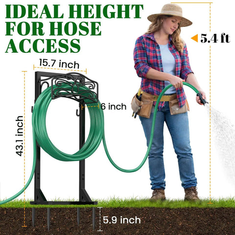 Woman using Freestanding Garden Hose Holder Stand With Heavy Duty Build, 2 Tool Hooks, Holds 150 Foot Water Hose, 4 Spike Stable Base