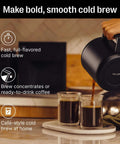 Person pouring coffee from Fellow carafe into glass mugs on a kitchen counter for cold brew preparation.