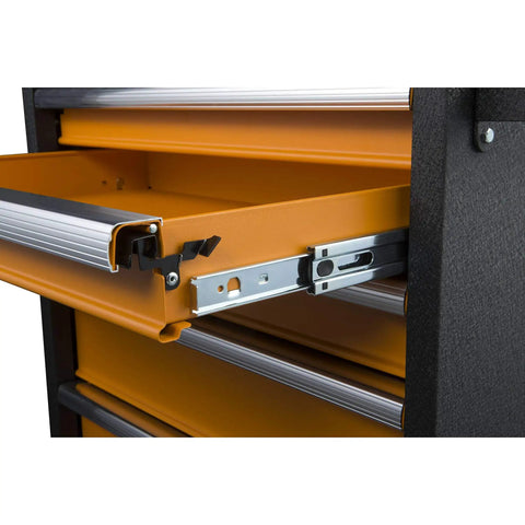 Close-up of 36 Inch 5 Drawer GSX Series Tool Chest With Trigger Lock System showing open drawer with aluminum pulls and ball bearing slides.