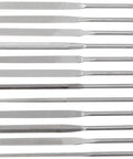 12 Piece Needle File Set With Handles, Swiss Pattern Double Cut No. 4 Coarseness, Five And One Half Inch Long Metalworking Files Displayed