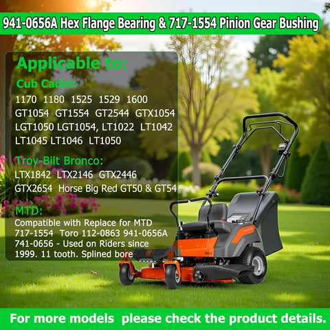 Image of a riding lawn mower showing compatibility chart for Hex Flange Bearing and Pinion Gear 941-0656A 717-1554 kit.